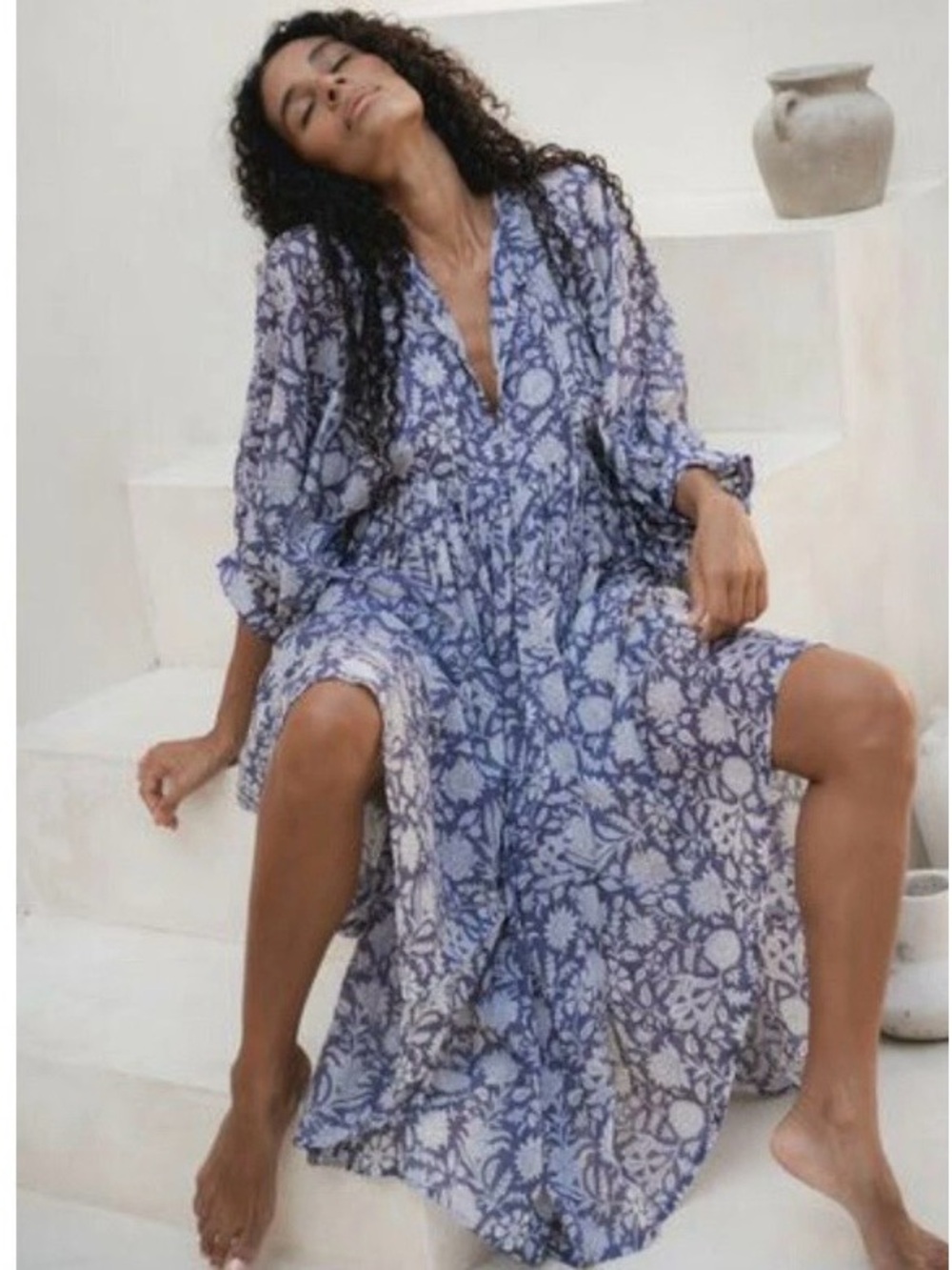 Daughters Of India Kyra Floral Midi Dress Sz XS Boho Beach Flowy Peasant Vacay